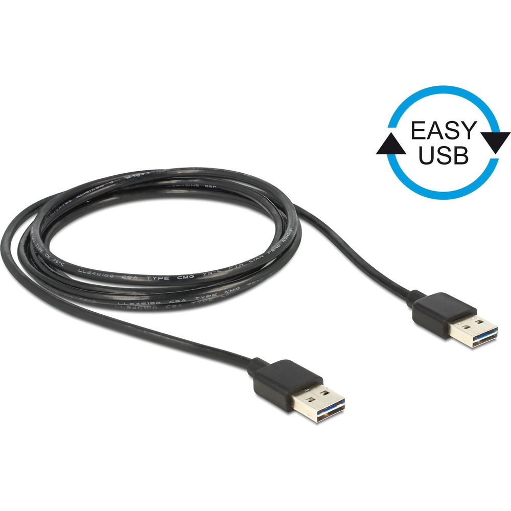 Schwarzes USB-Kabel mit zwei Steckern und einem blauen Kreis mit Text.