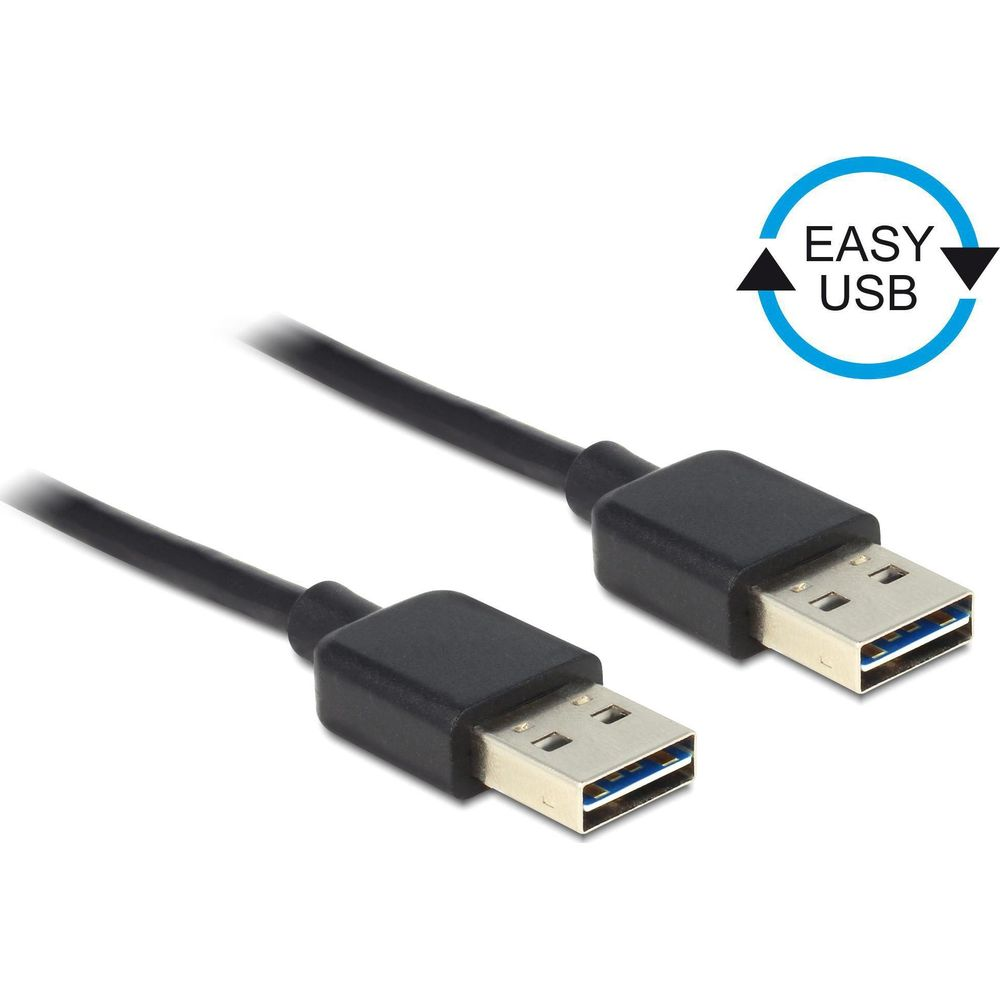 Zwei schwarze USB-Kabel mit blauen Anschlüssen und einem "Easy USB"-Logo.