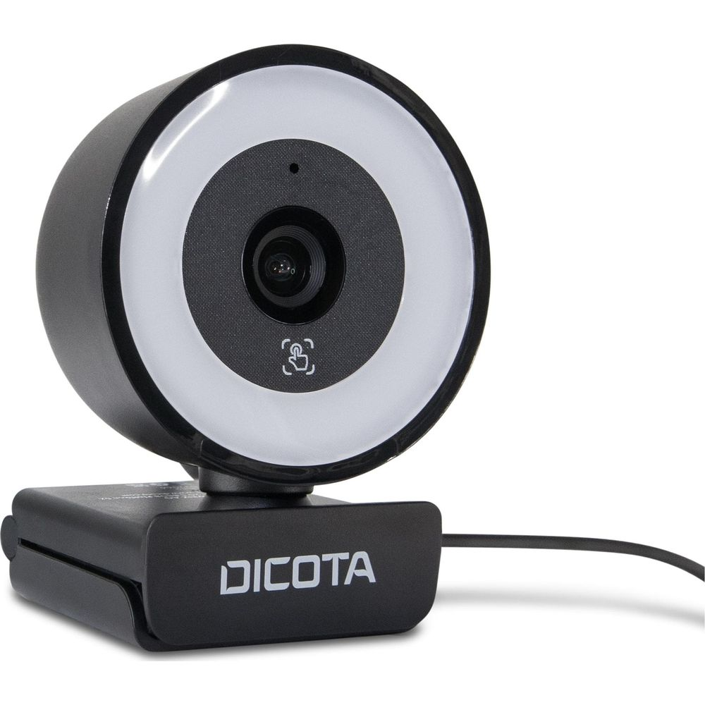 Una webcam DICOTA nera con anello luminoso e lente.