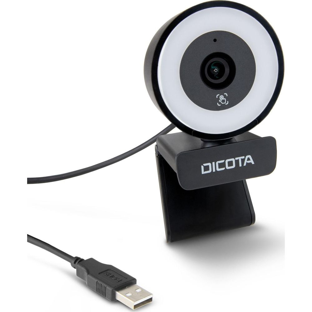 Webcam nera con luce ad anello e cavo USB. Logo DICOTA visibile.