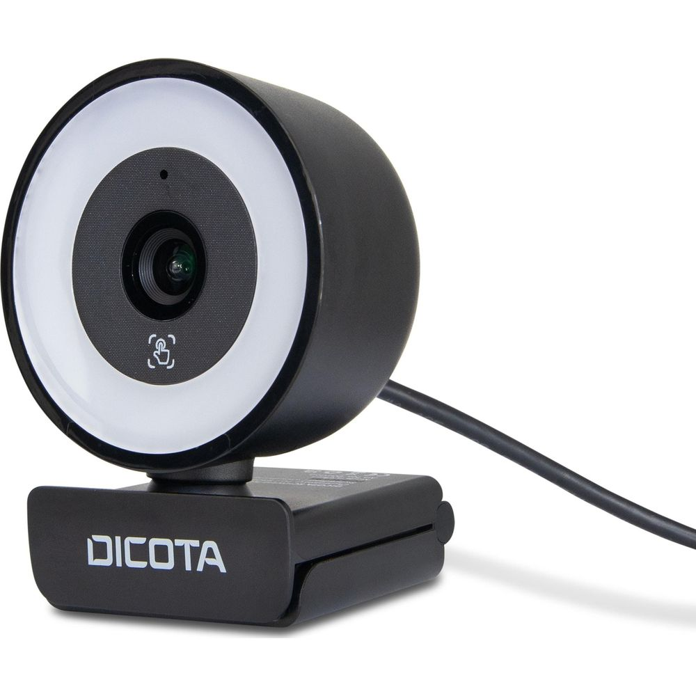 Una webcam Dicota nera con luce ad anello e base regolabile, isolata su sfondo bianco.