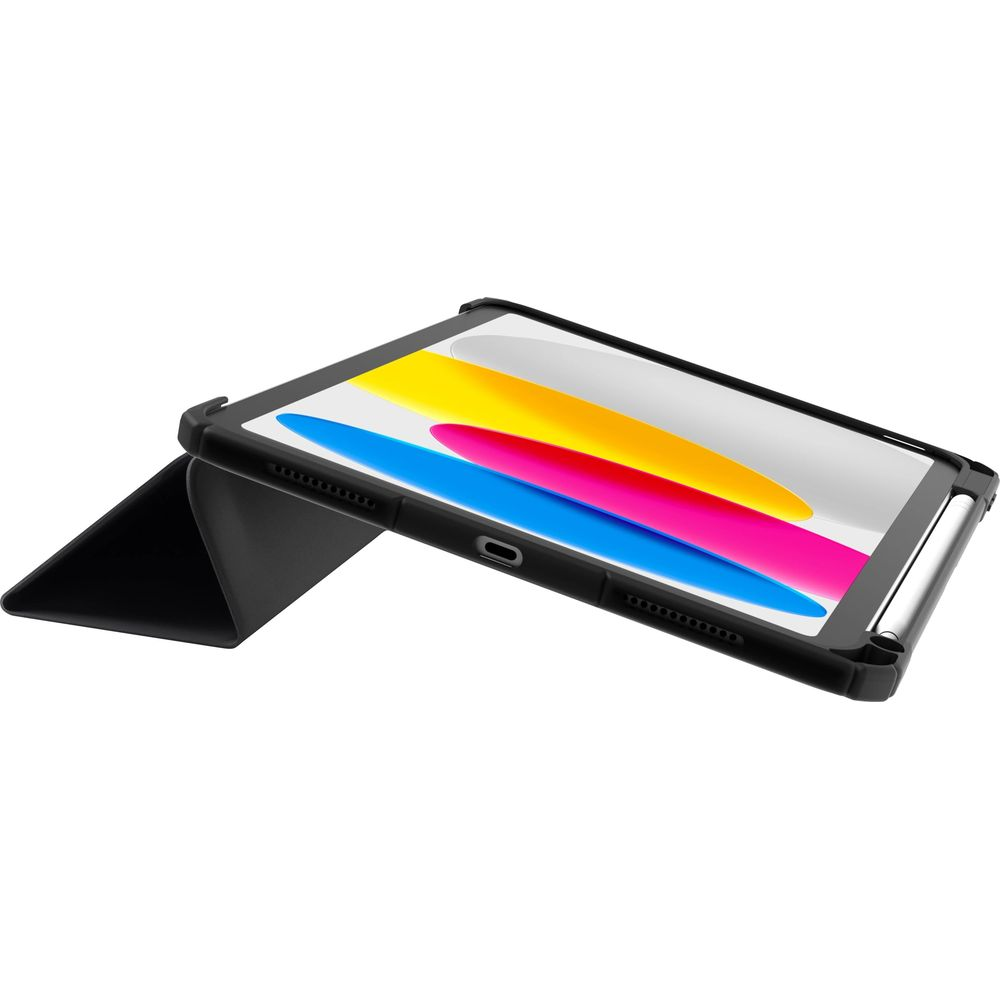 Tablet nero in custodia con sfondo colorato, appoggiato di lato.