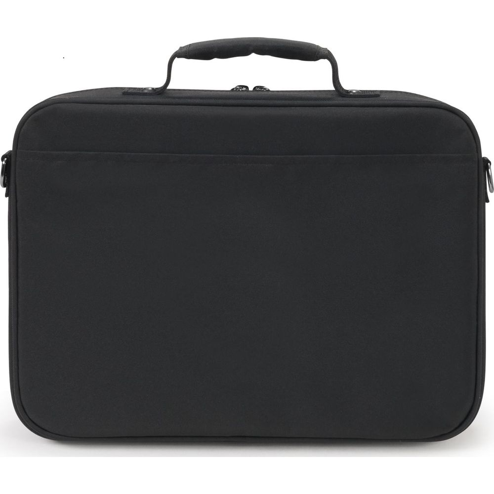 Borsa nera per laptop con manico e cerniere.