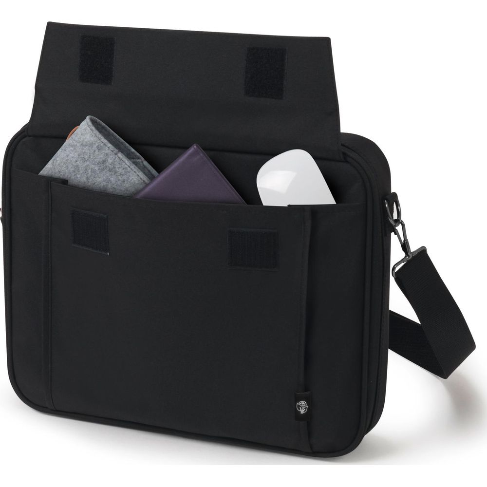 Borsa nera con scomparto aperto contenente un astuccio grigio, oggetto viola e mouse bianco.