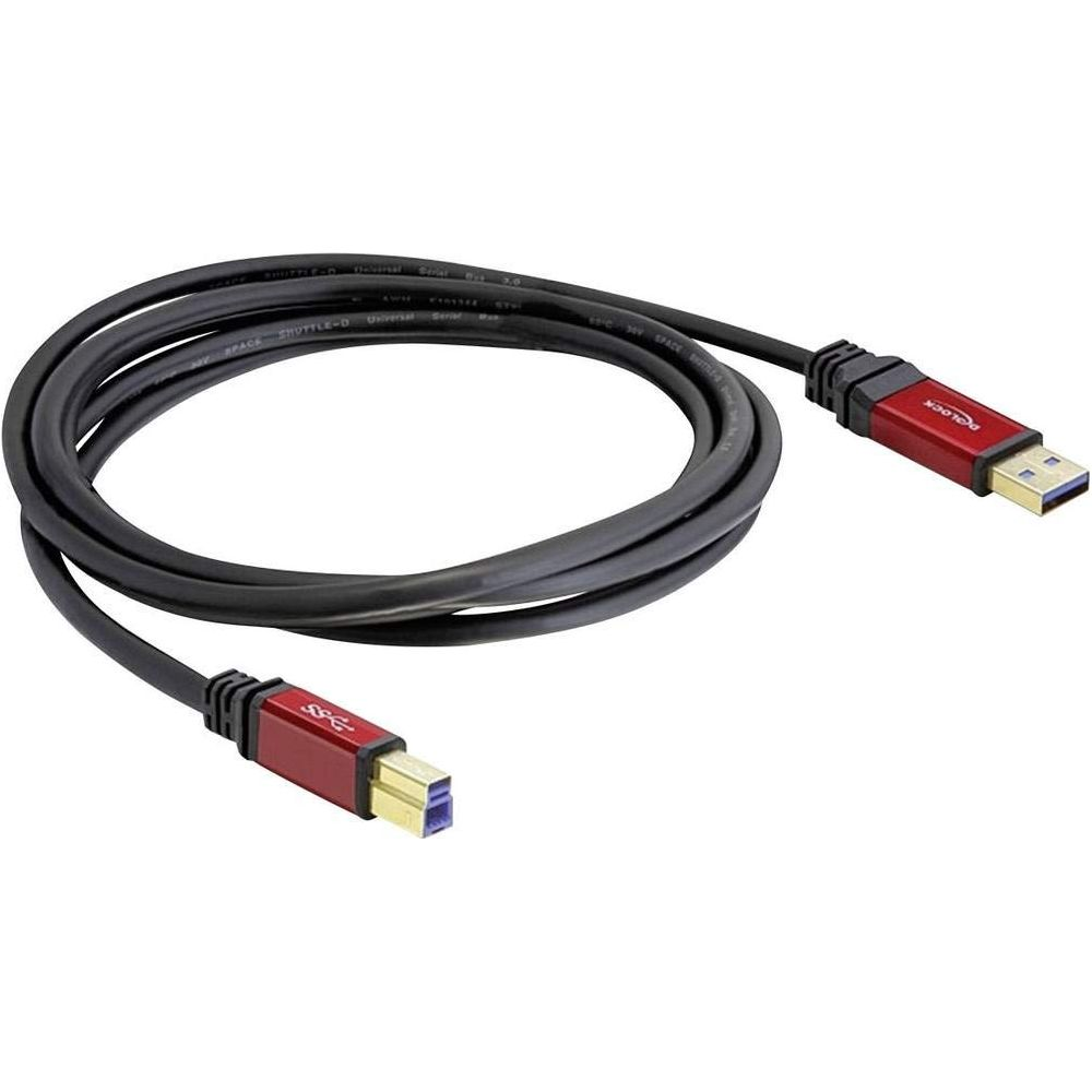 Schwarzes USB-Kabel mit roten Anschlüssen und silbernen Details.