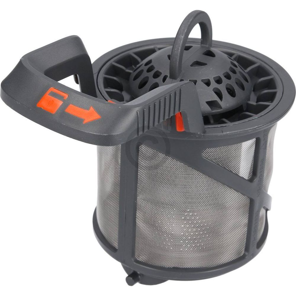 Ein grauer Siebfilter für eine Spülmaschine mit Griff und Pfeilmarkierung.