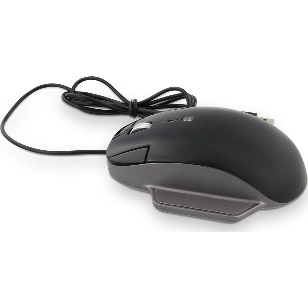 Ratón de ordenador negro con carcasa gris y rueda, con cable.