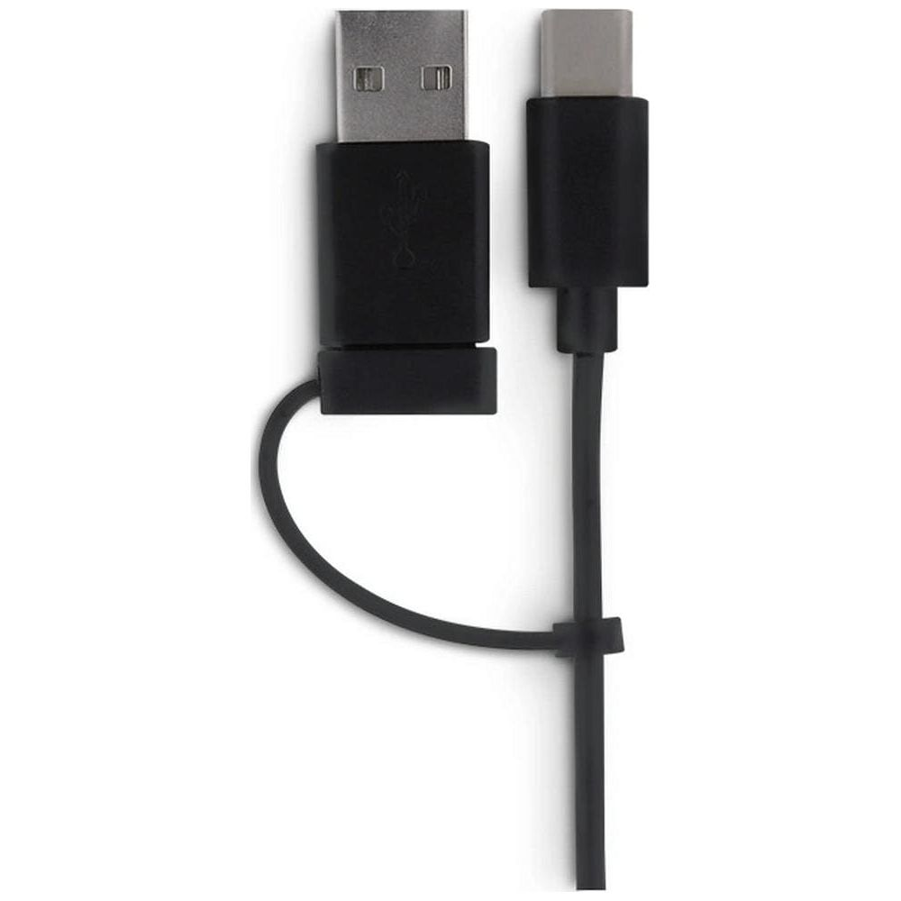 Un cable USB-A a USB-C negro que muestra ambos conectores en primer plano.