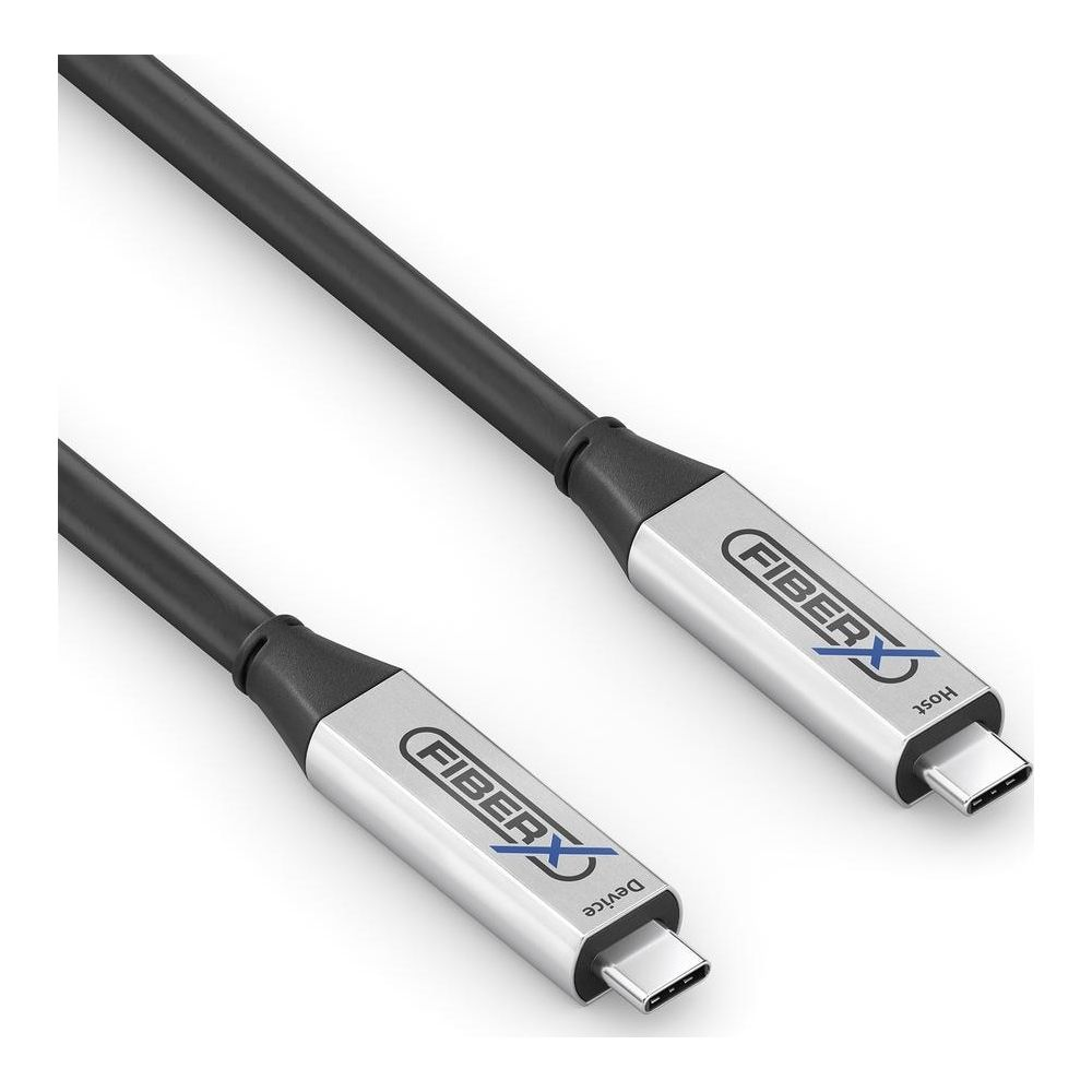 Un cavo USB-C nero con connettori argentati, etichettato FIBERX.