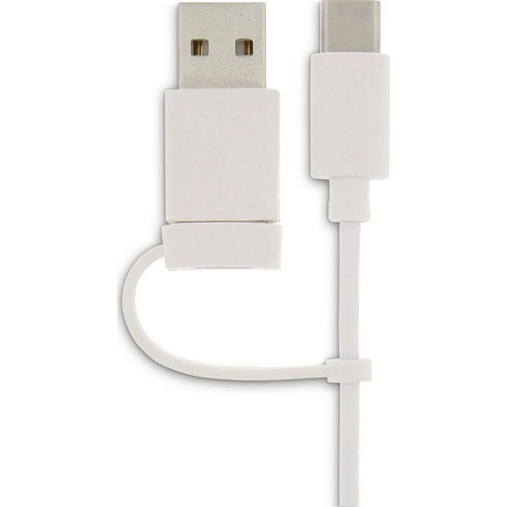 Un cable blanco USB-A a USB-C con dos conectores yace sobre fondo blanco.