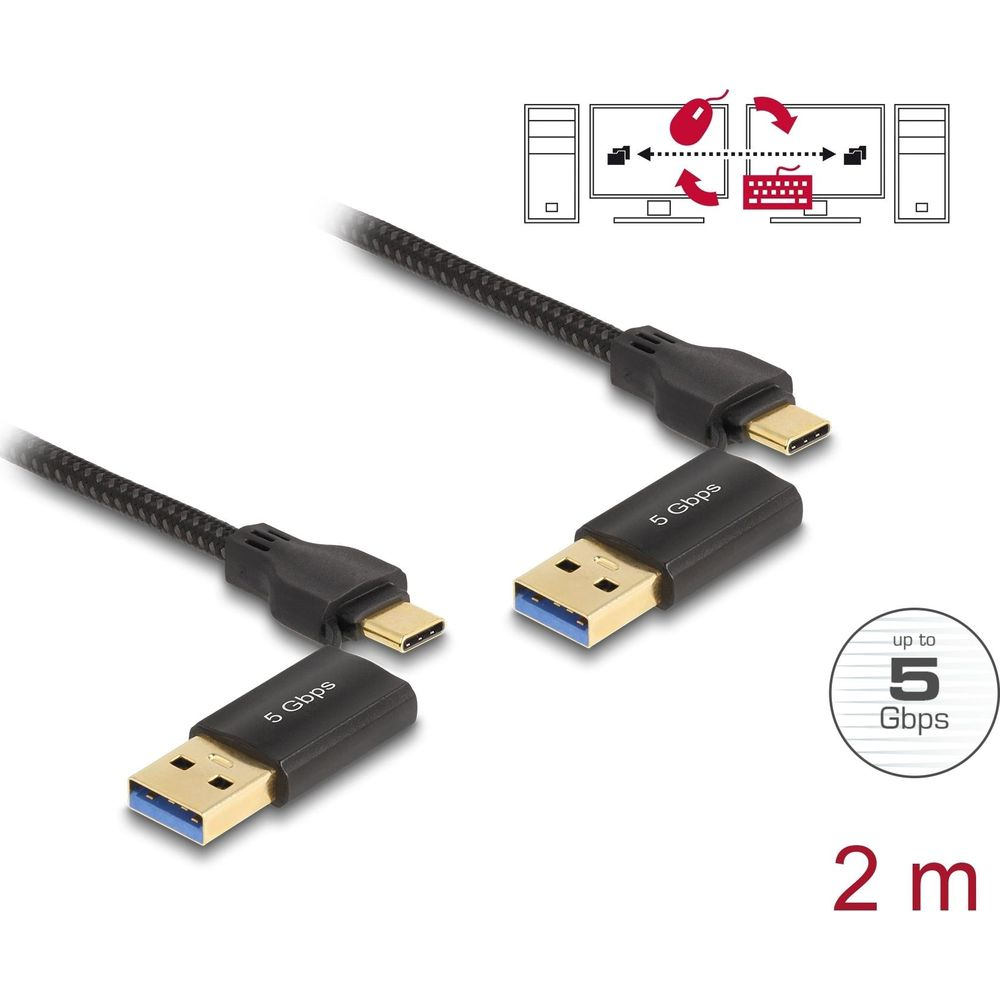 Un cavo da USB-C a USB-A nero, 5 Gbps, lungo 2 metri.