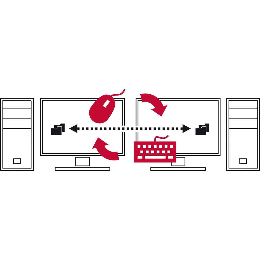 Due configurazioni di computer con frecce rosse, mouse e tastiera che simboleggiano il trasferimento dati.