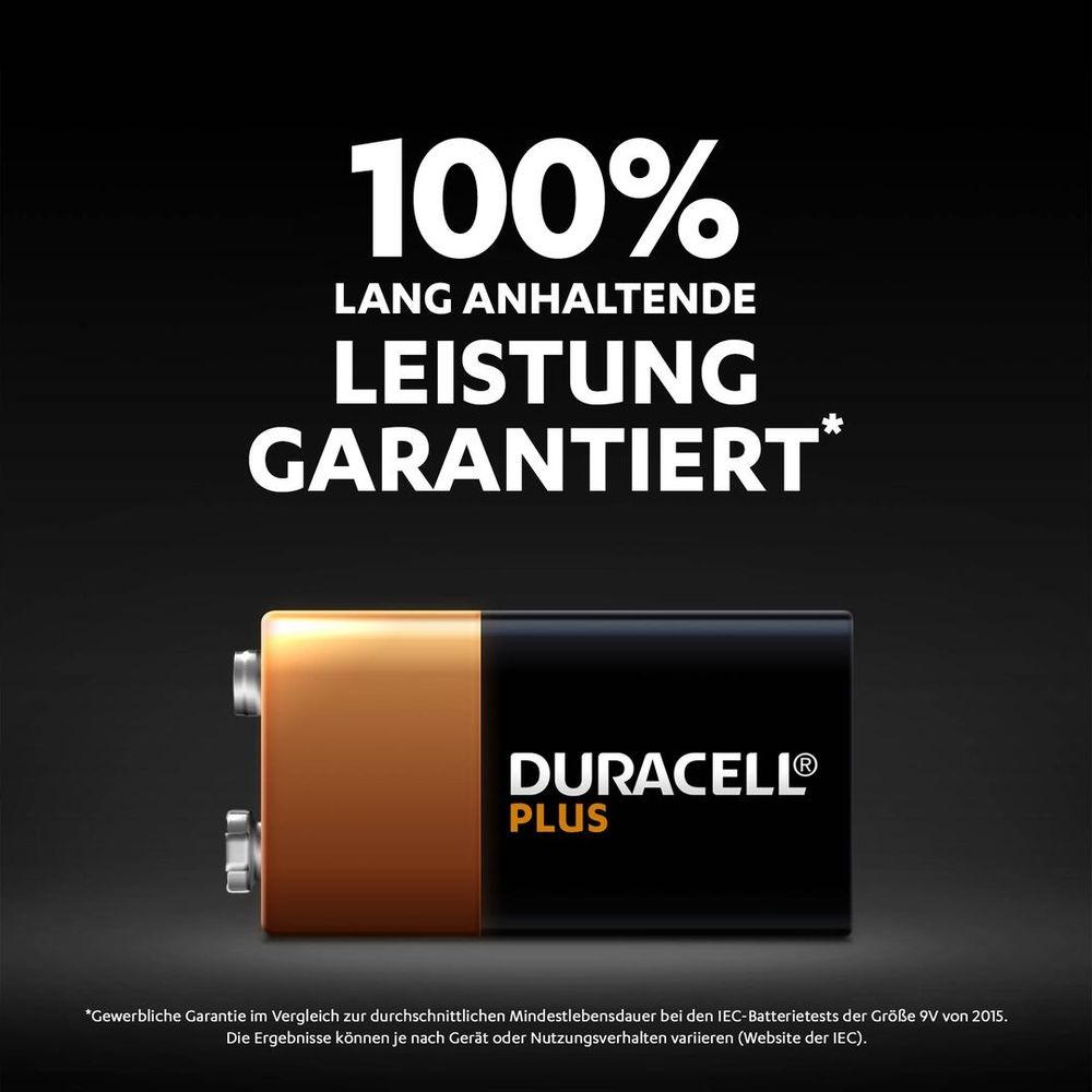 Een Duracell Plus batterij met tekst "100% LANGDURIGE PRESTATIES GEGARANDEERD".
