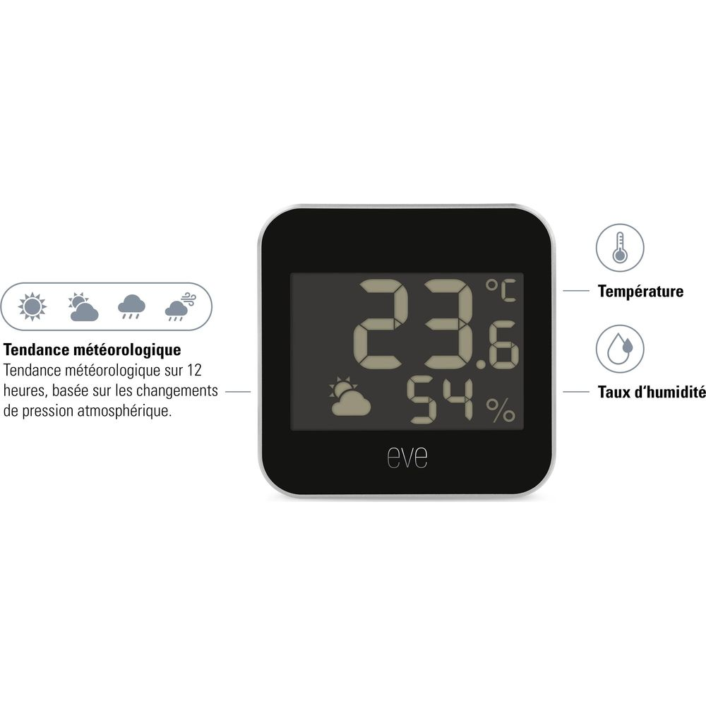 Ein Eve Wetter- und Feuchtigkeitsmesser zeigt 23.6 Grad und 54% an.