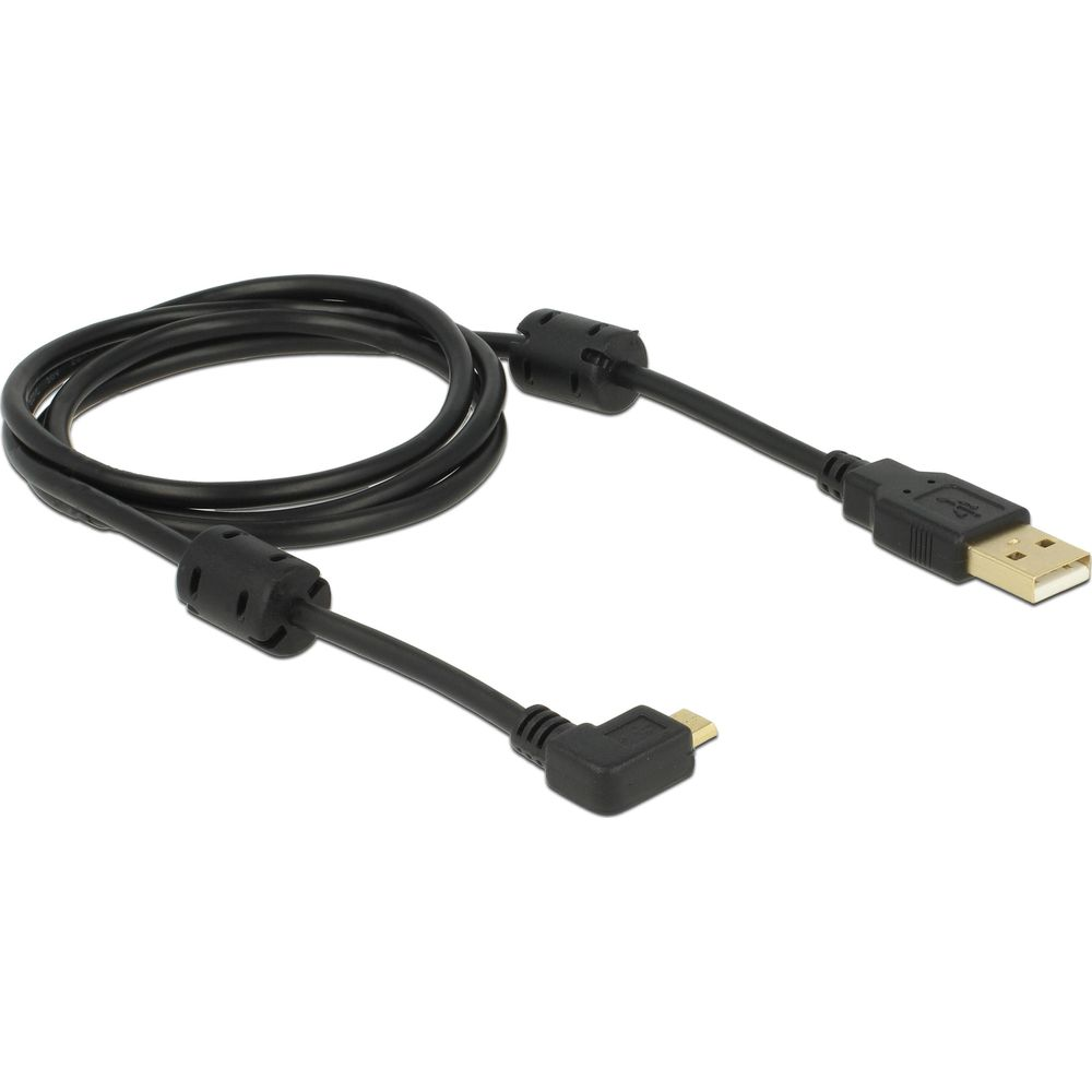 Un cavo USB nero con un connettore USB-A standard e un connettore micro-USB angolato.