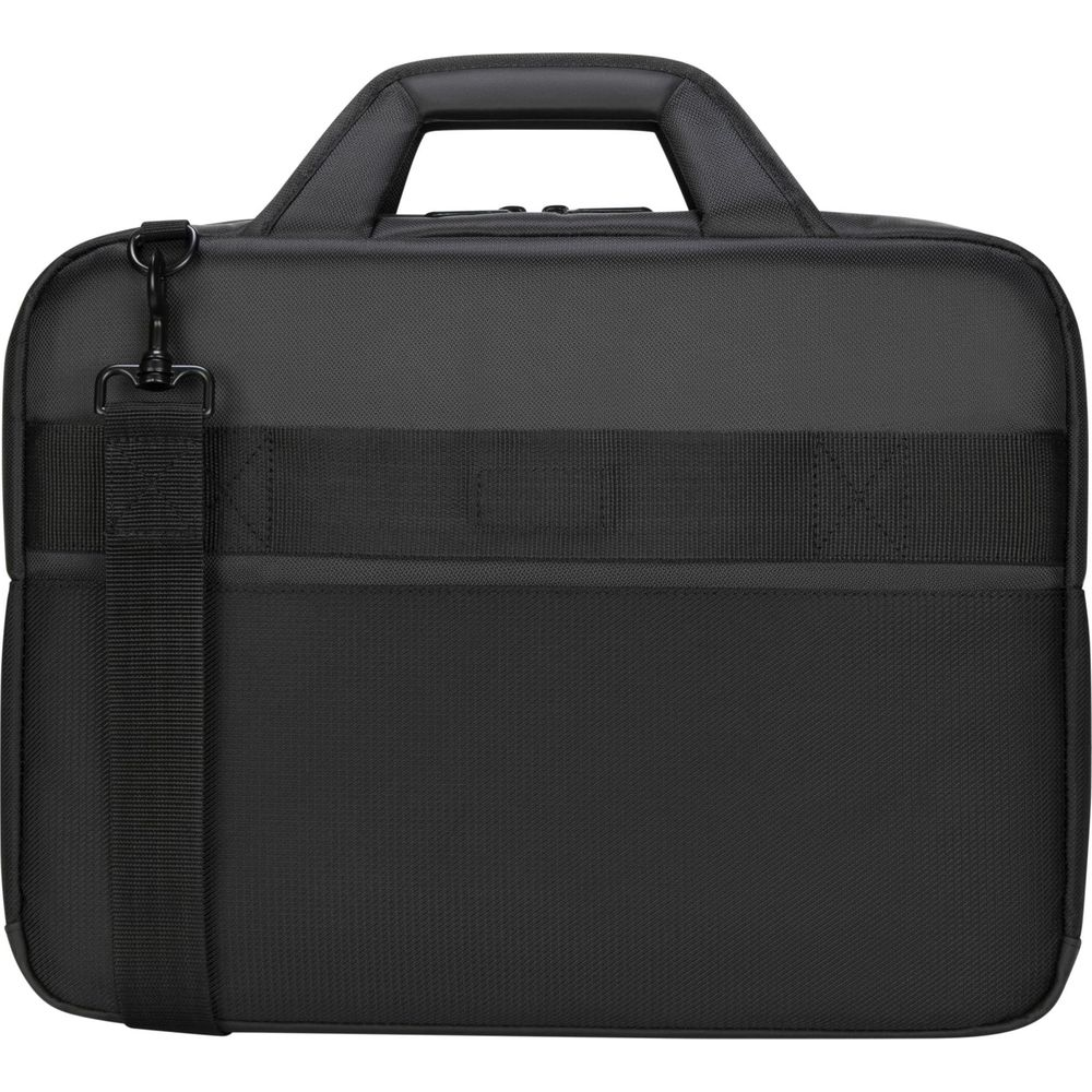 Borsa nera per laptop con manico e tracolla.
