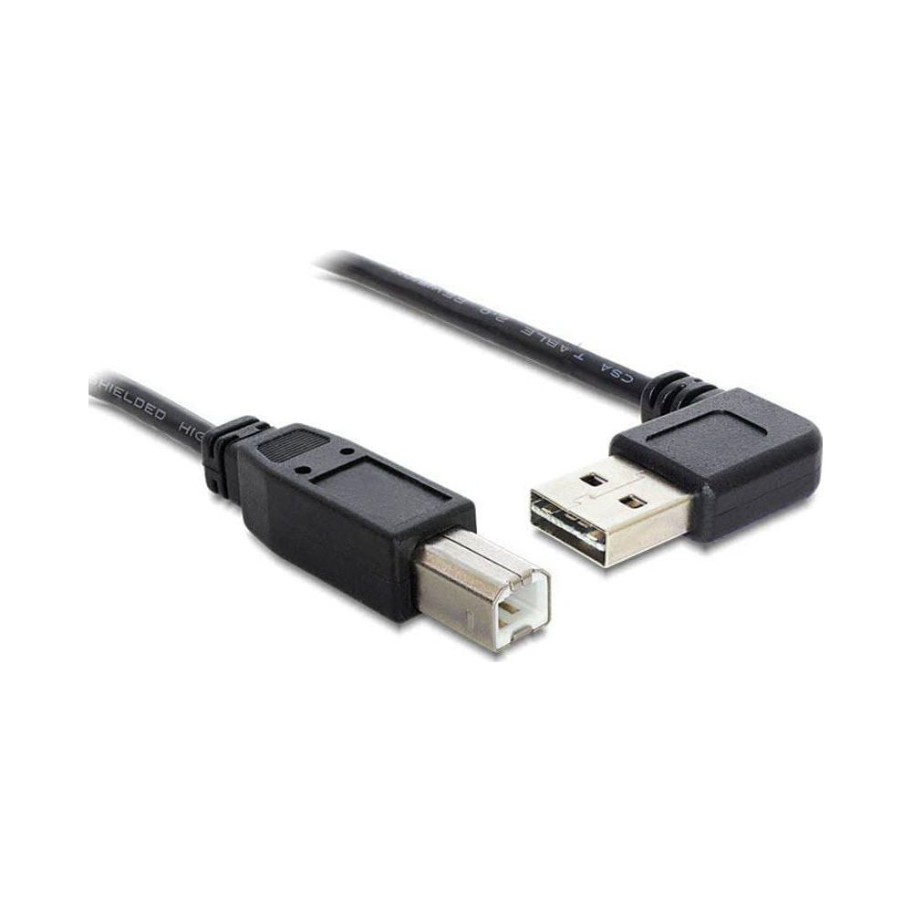 Ein schwarzes USB-A-zu-B-Kabel mit gewinkeltem Stecker.