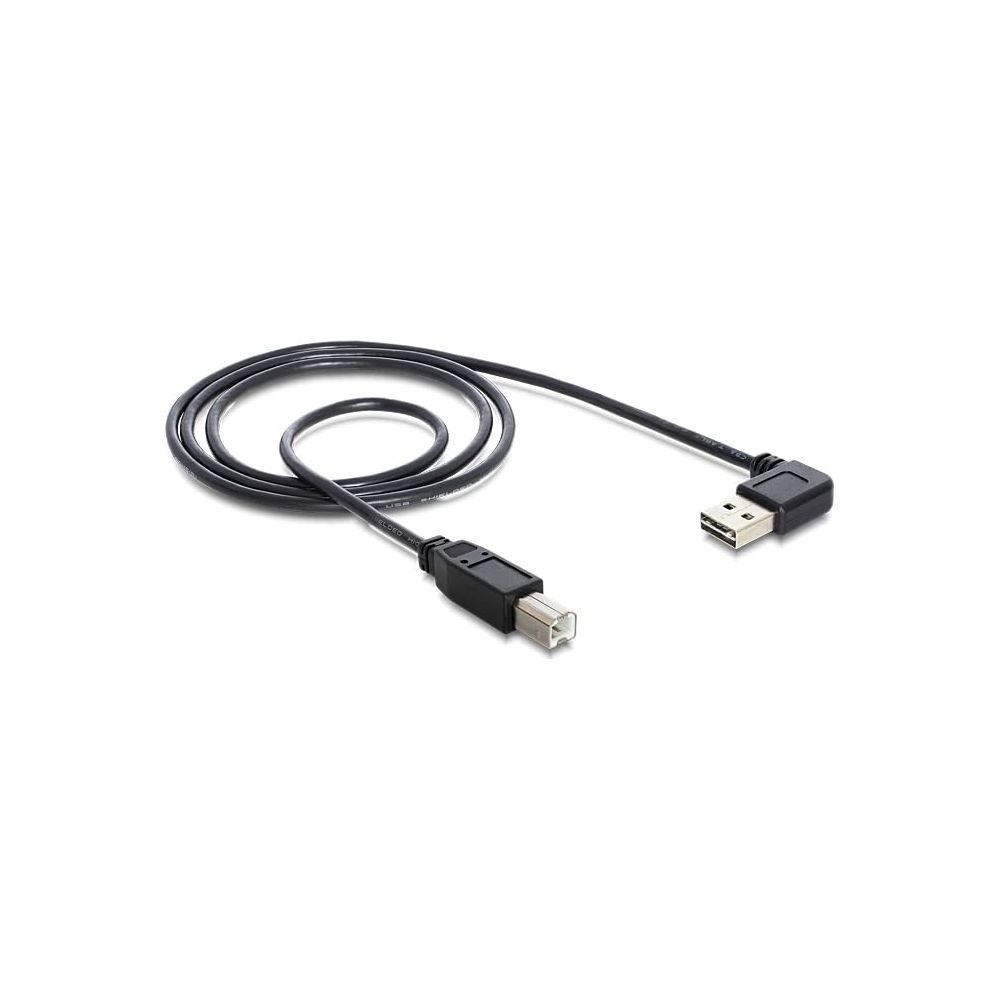 Schwarzes USB-Kabel mit geradem Stecker und 90-Grad-Winkelstecker.