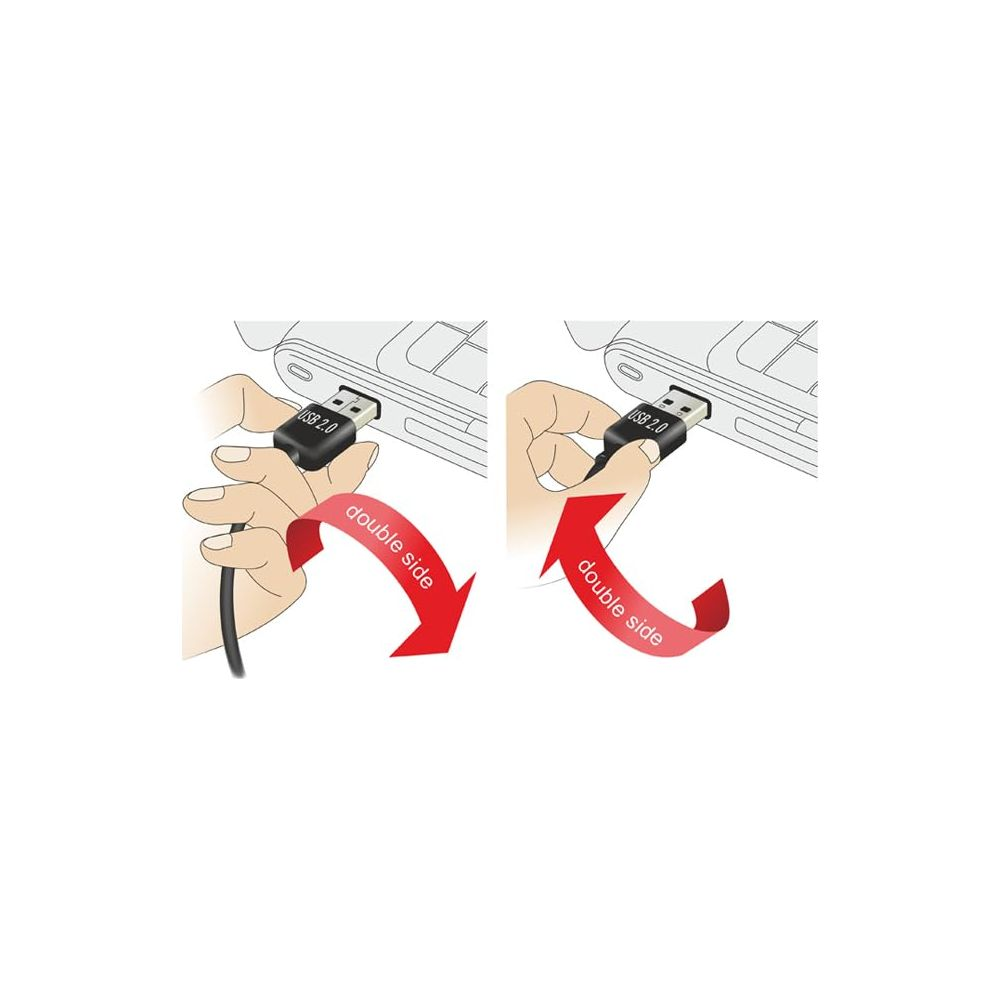 Zwei Hände stecken einen USB-Stecker in einen Laptop. Beide Seiten sind möglich.