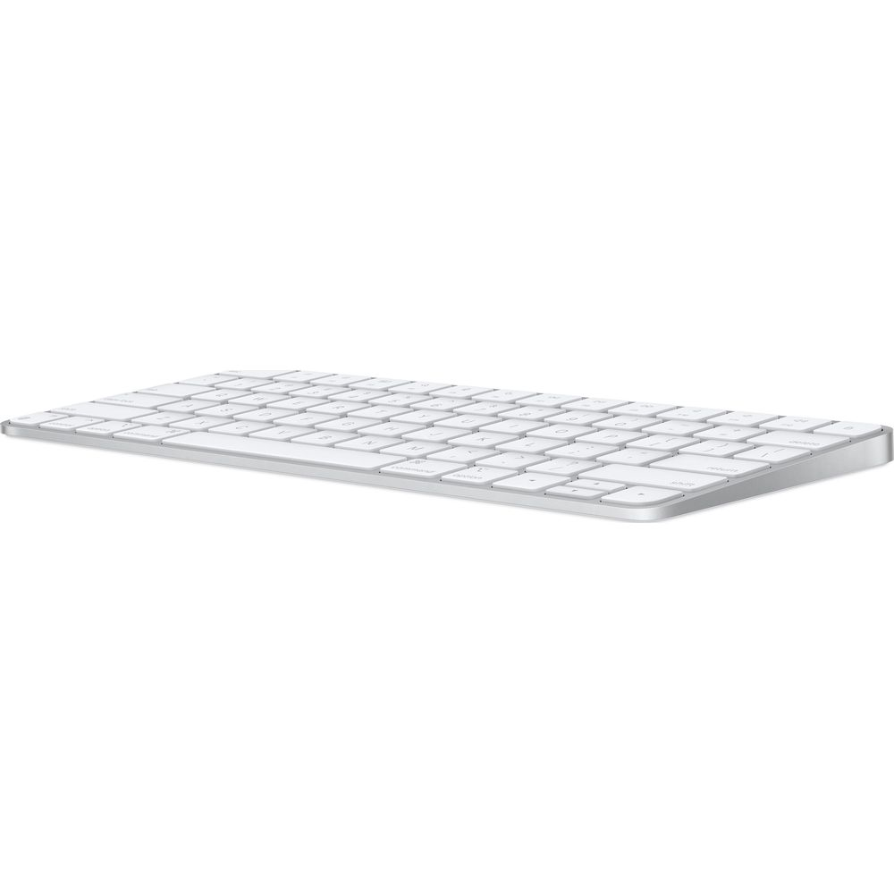 Ein schlankes, silbernes Apple Magic Keyboard mit weißen Tasten.