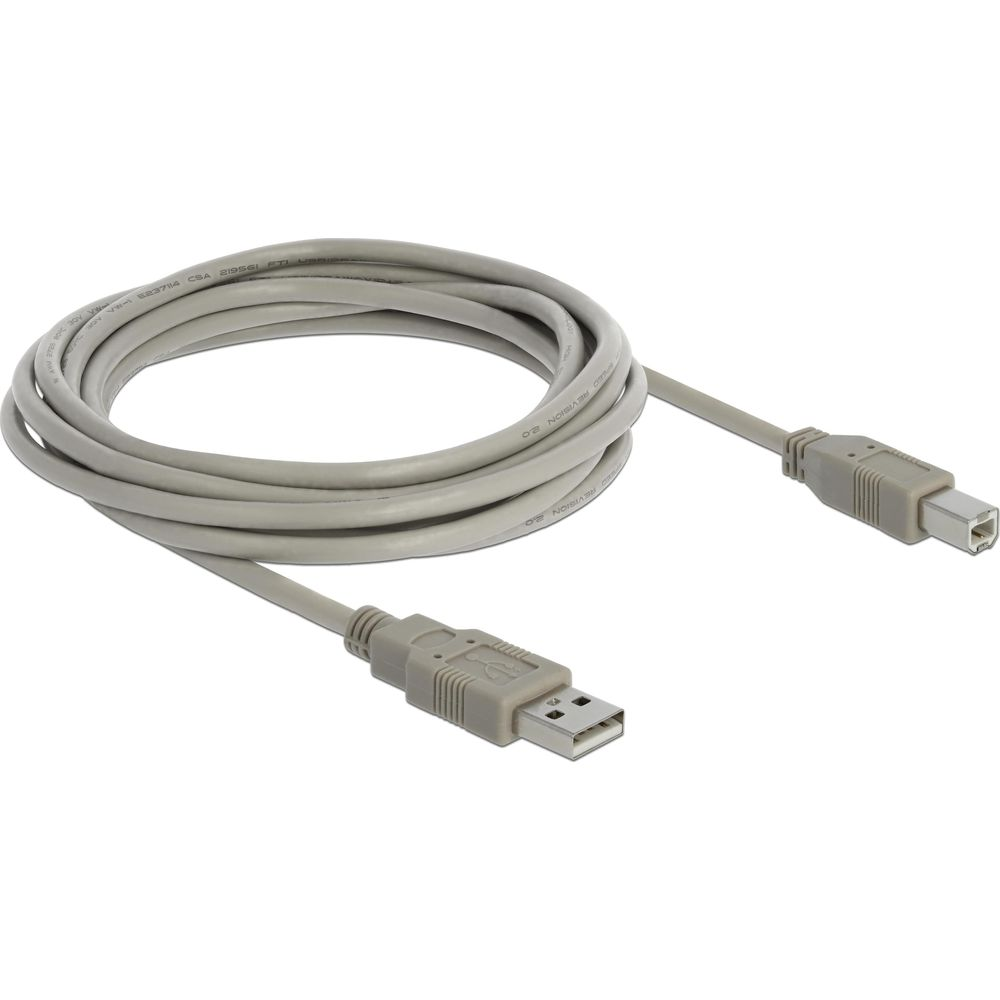 Grijze USB-kabel met standaard A- en B-connectoren, opgerold.