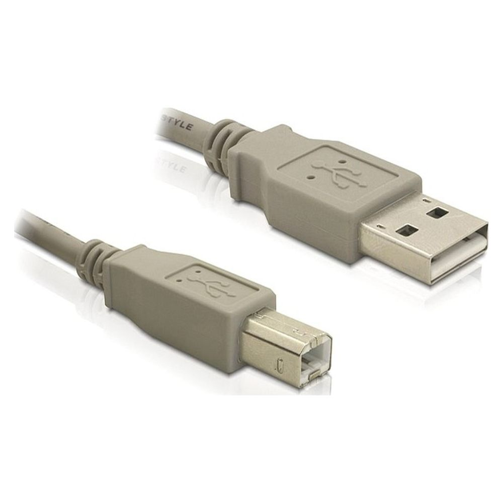Twee grijze USB-kabelconnectoren met USB-symbool op witte achtergrond.