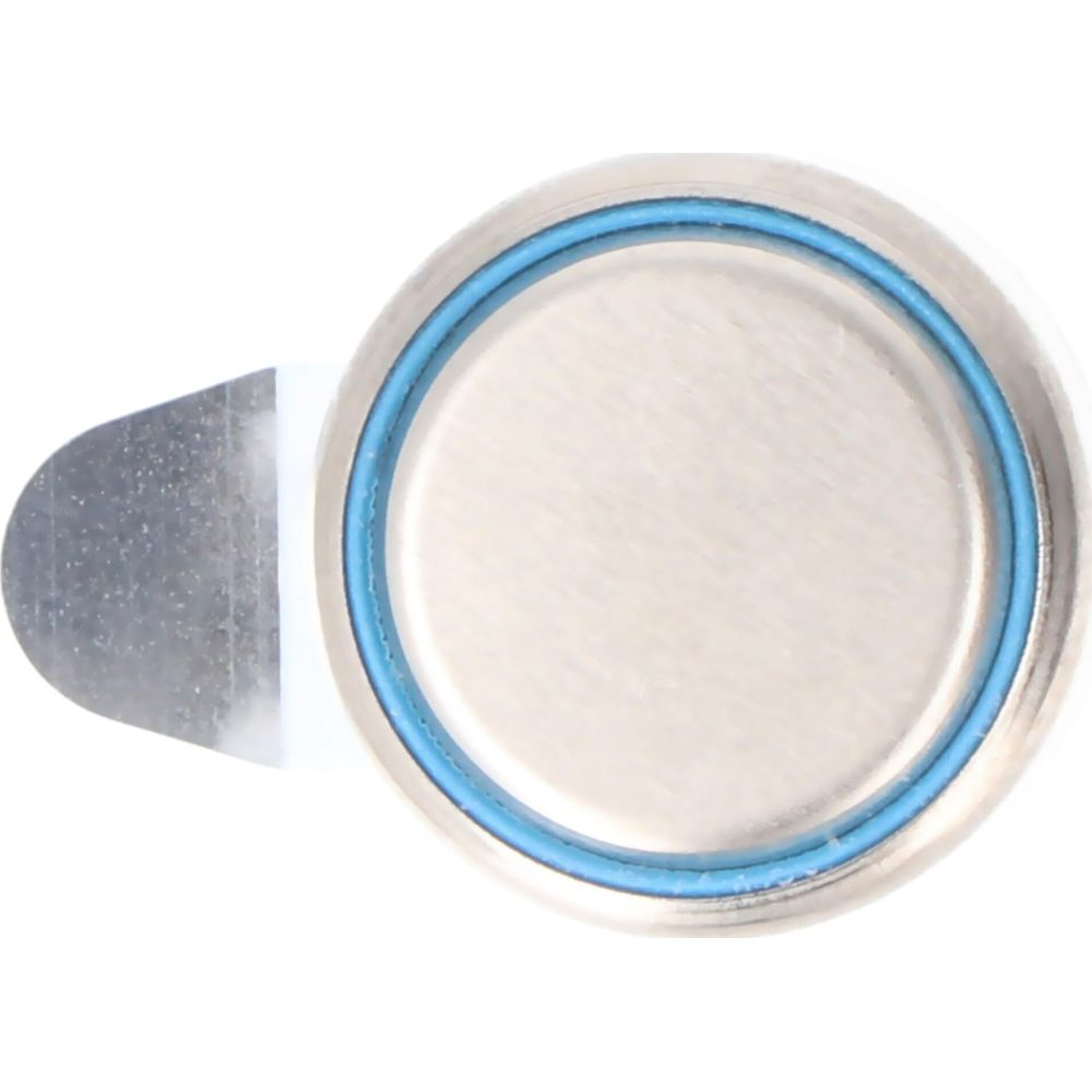Une pile bouton argentée avec un anneau bleu sur fond blanc.