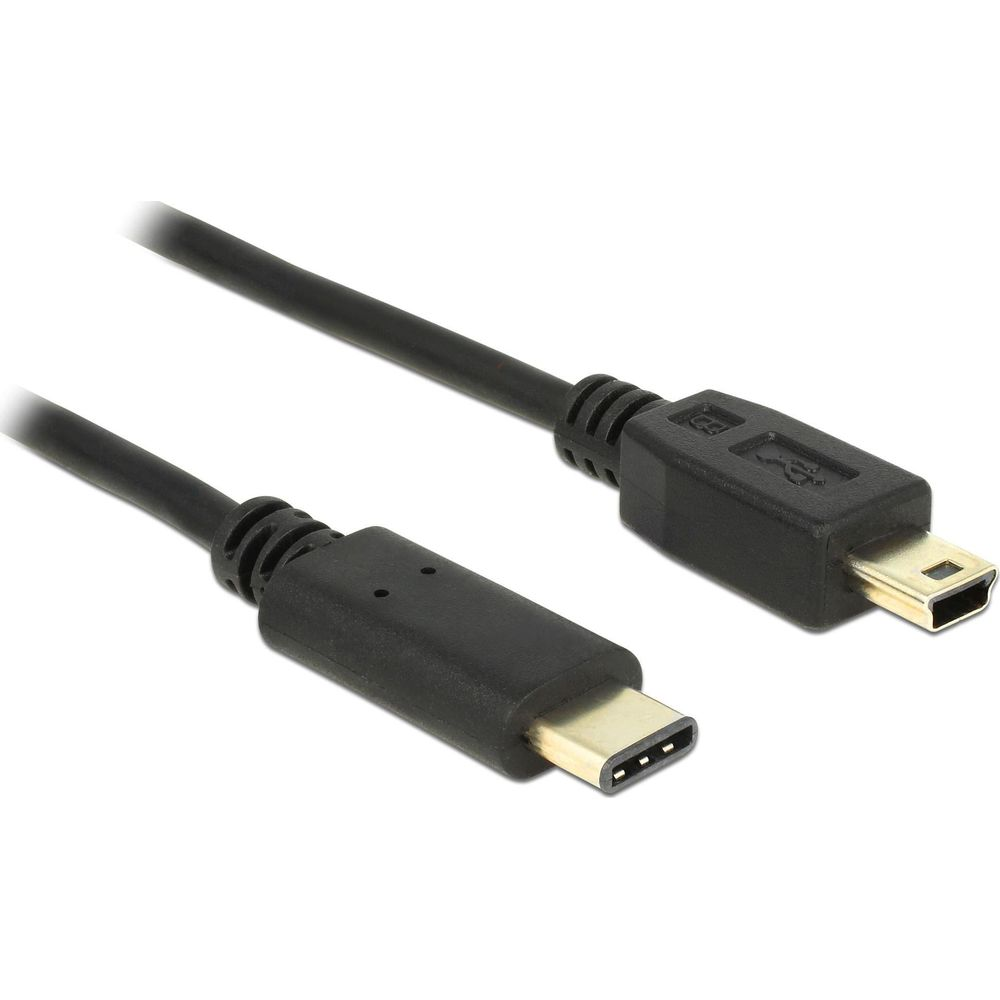 Un câble USB-C vers Mini USB noir avec connecteurs dorés.