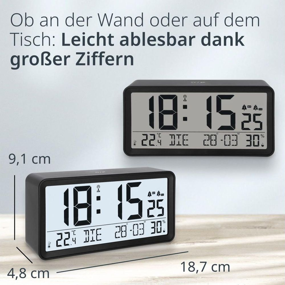 Horloge numérique affiche 18:15, 22.4°C, 28.03., 30%. Dimensions 9.1cm, 4.8cm, 18.7cm.