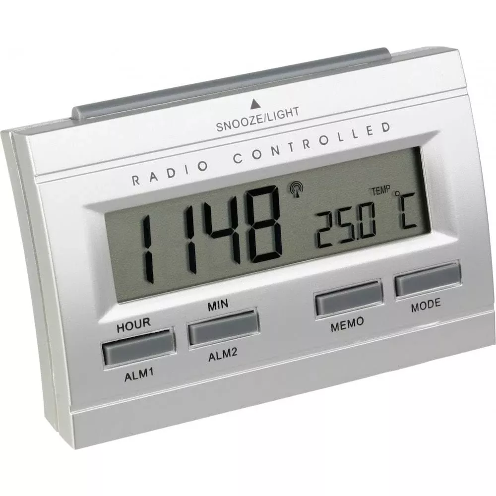 Digitale wekker toont 11:48 en 25°C. Knoppen: Uur, Min, Alarm, Modus.