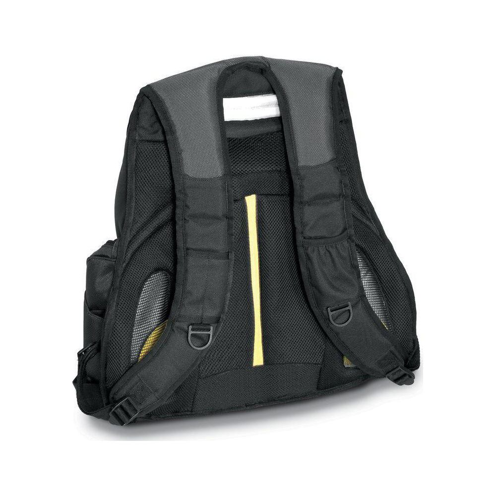 Uno zaino nero con spallacci grigi imbottiti e accenti gialli. Tasche laterali in rete.