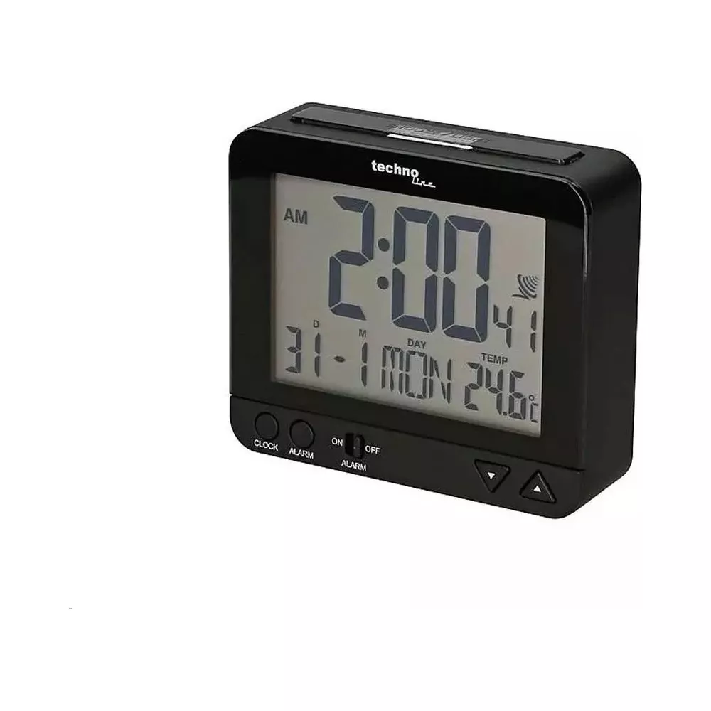 Een zwarte digitale wekker toont 2:00 AM, 31 dec, ma, 24,6°C.