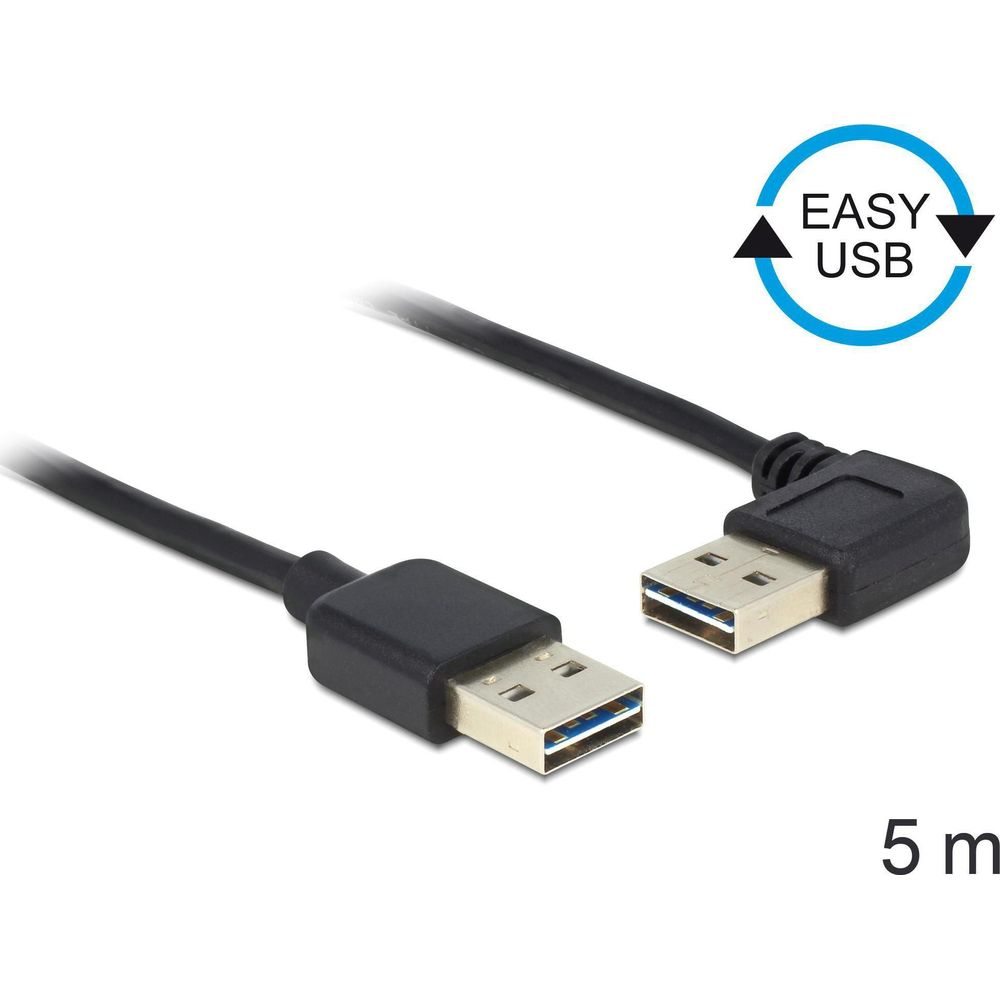 Un câble USB noir avec deux connecteurs, 5m de long. Logo "EASY USB".