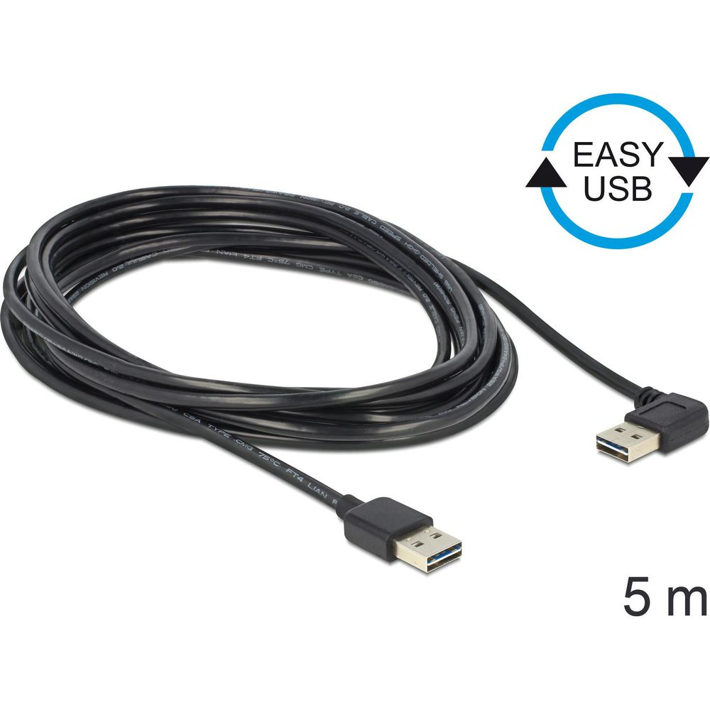 Un câble USB noir enroulé avec un connecteur droit et un coudé. Logo Easy USB.