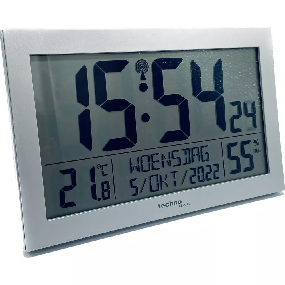 Digitaluhr zeigt 15:54, Temperatur 21°C, Datum 5. Okt 2022, Luftfeuchtigkeit 55%.