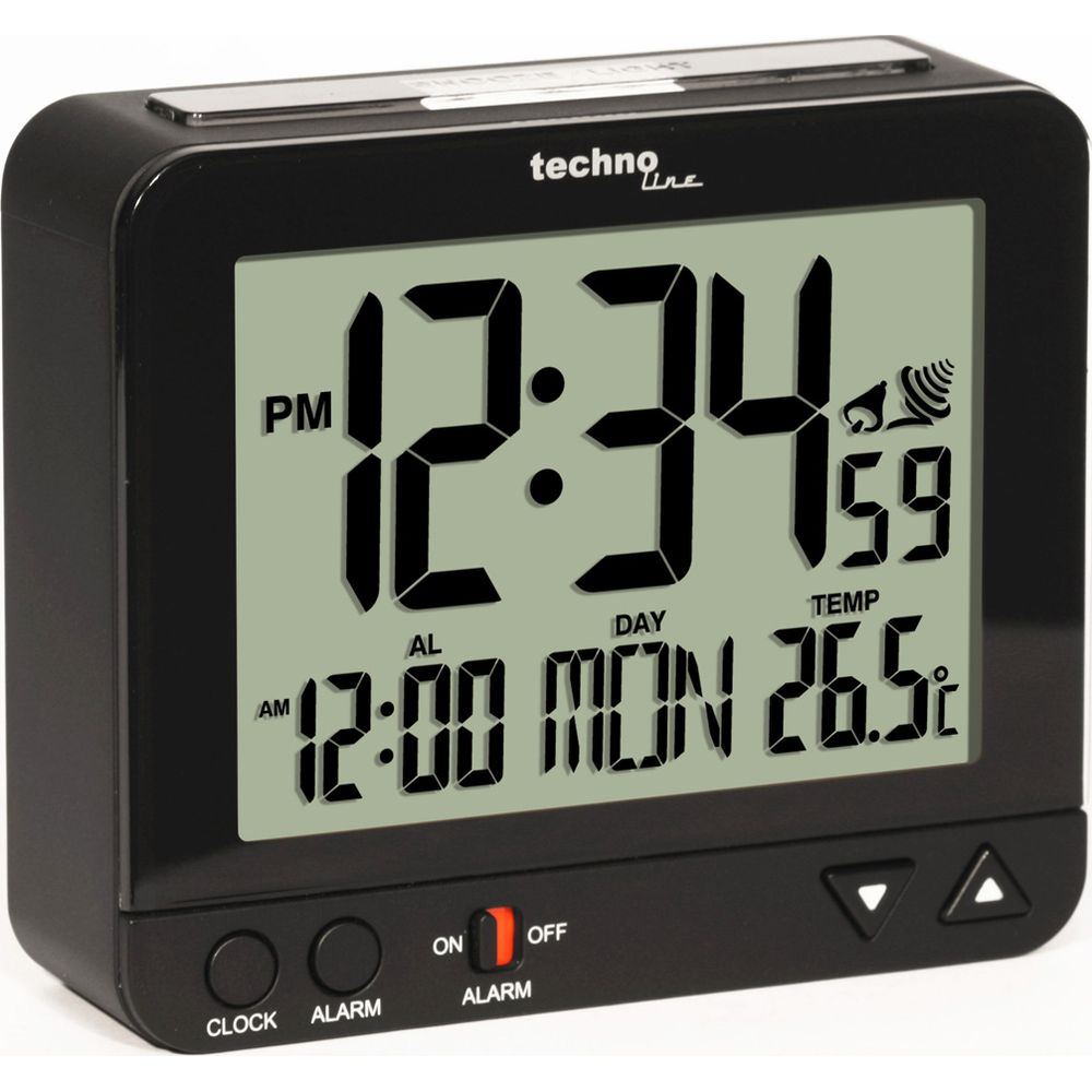 Digitaluhr zeigt 12:34, Montag, 26.5C. Alarm auf 12:00 eingestellt.