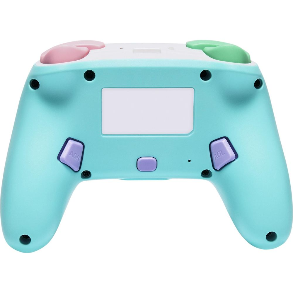Une manette turquoise avec des boutons roses et verts. Comprend des boutons violets et un rectangle blanc.