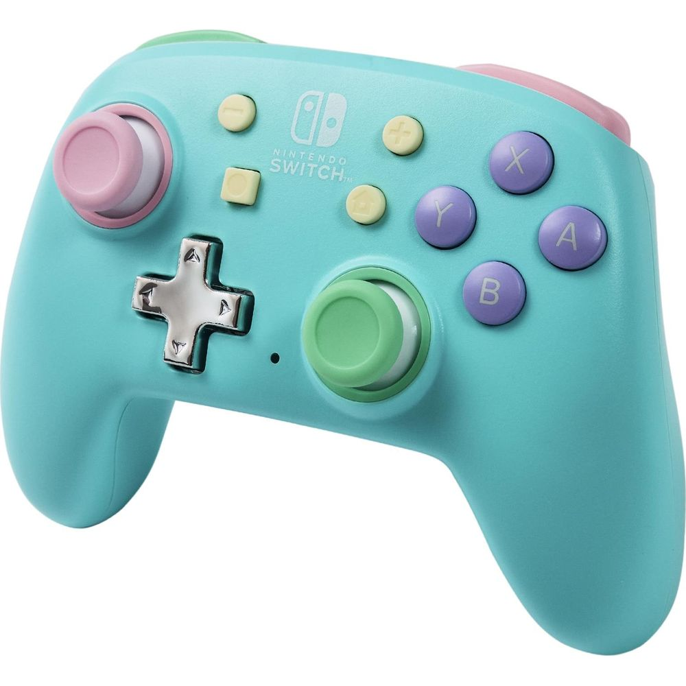 Une manette Nintendo Switch turquoise avec des boutons pastel rose, vert et violet.