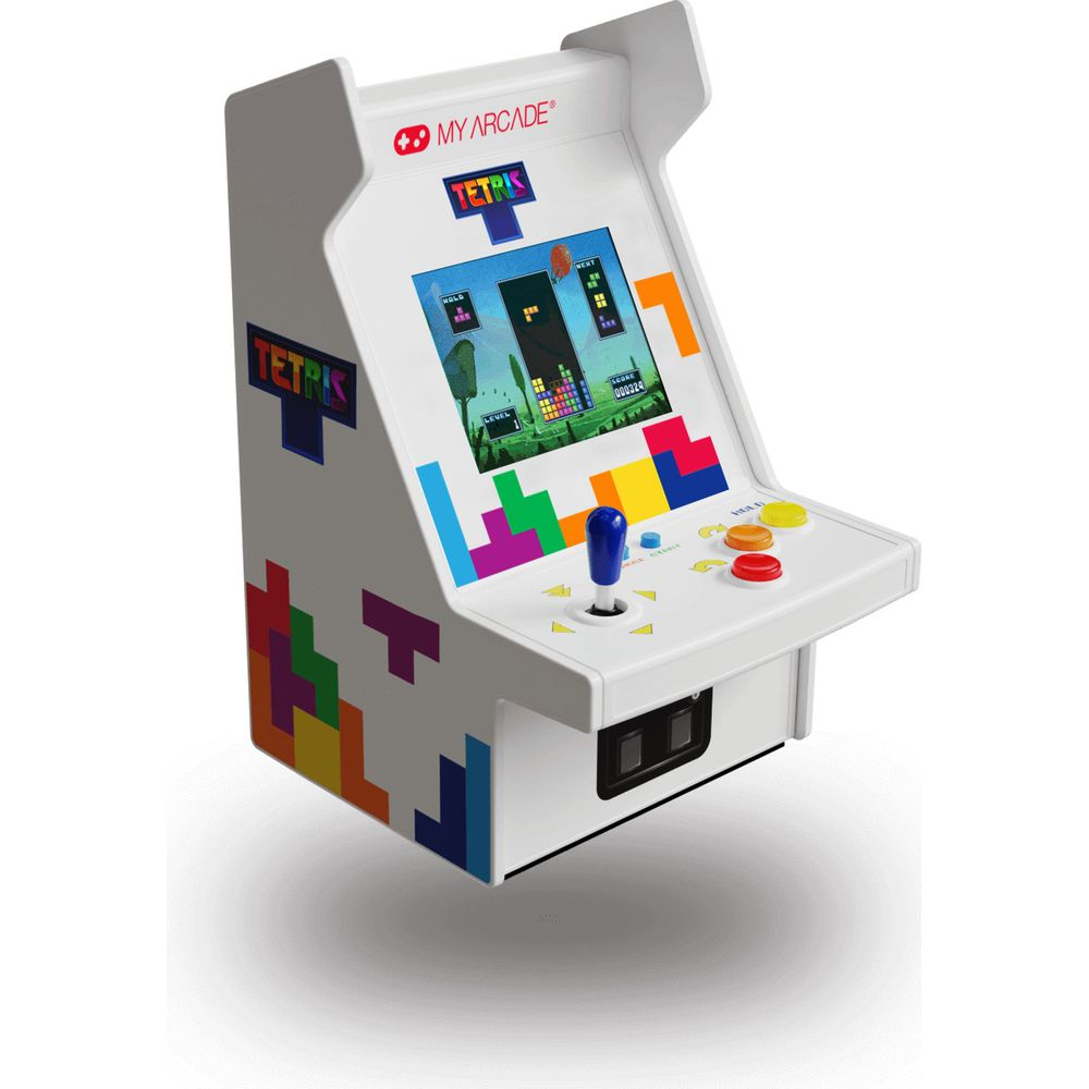 Biała konsola do gier zręcznościowych Tetris z kolorowymi wzorami tetromino i joystickiem.