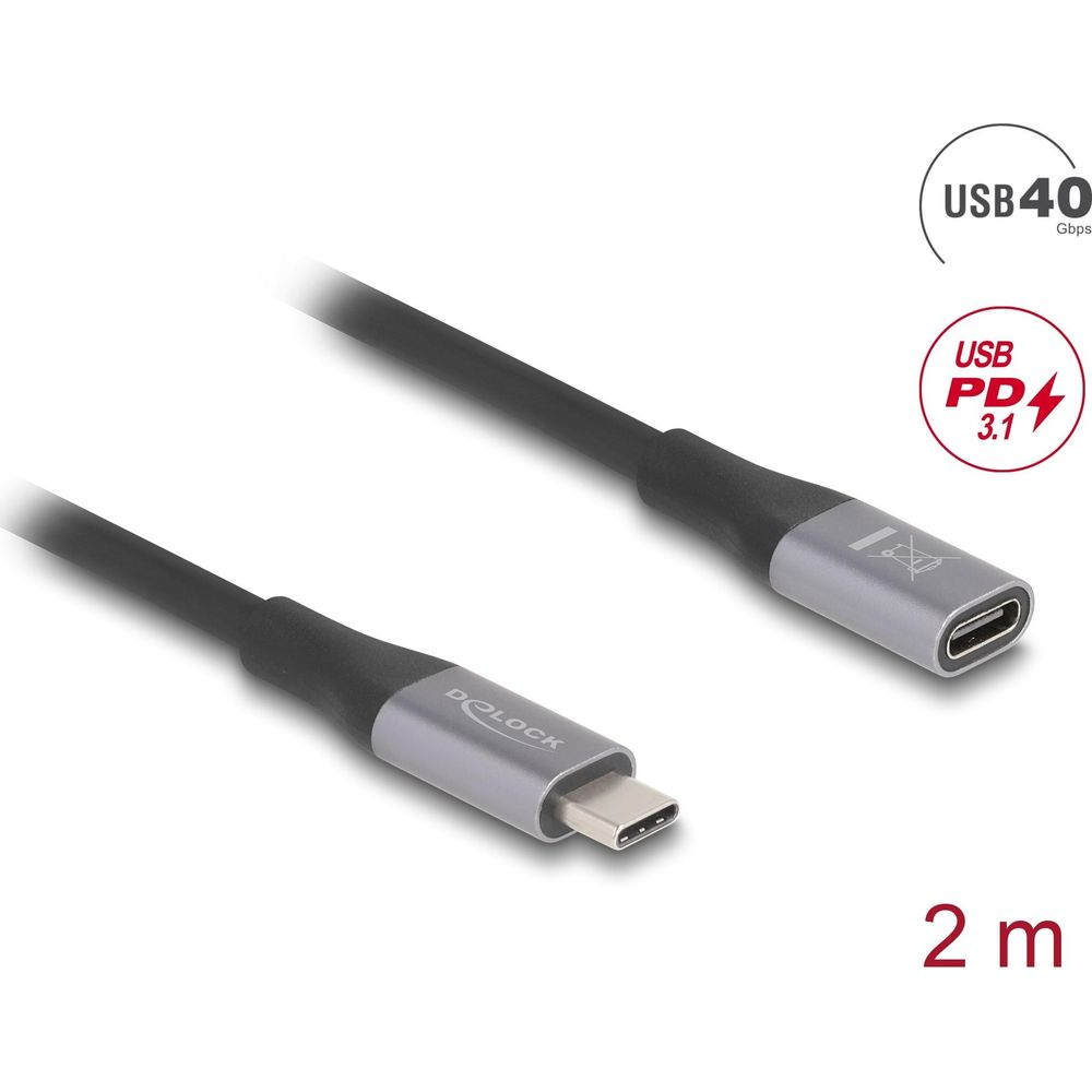 Ein schwarzes USB4-Kabel mit silbernen Anschlüssen und Längenangabe 2m.