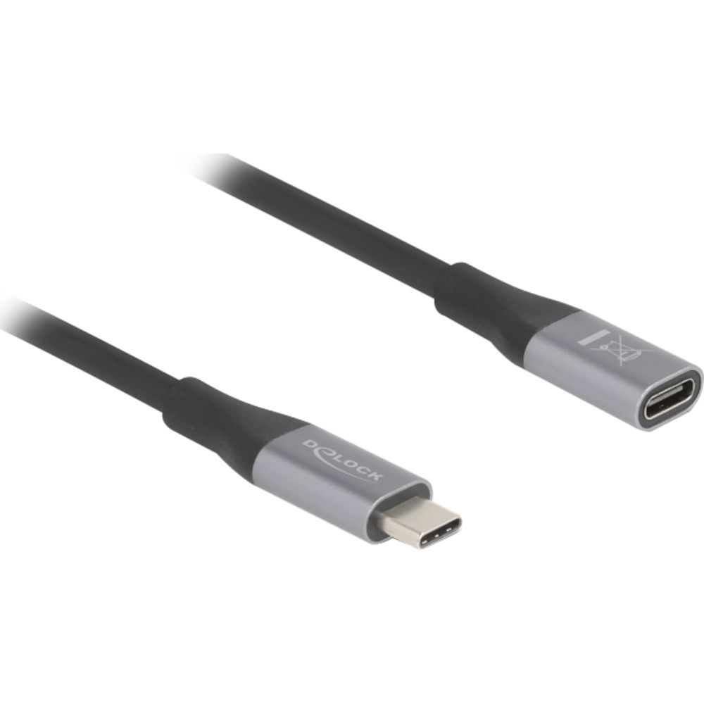 Ein schwarzes Kabel mit silbernen USB-C-Anschlüssen.