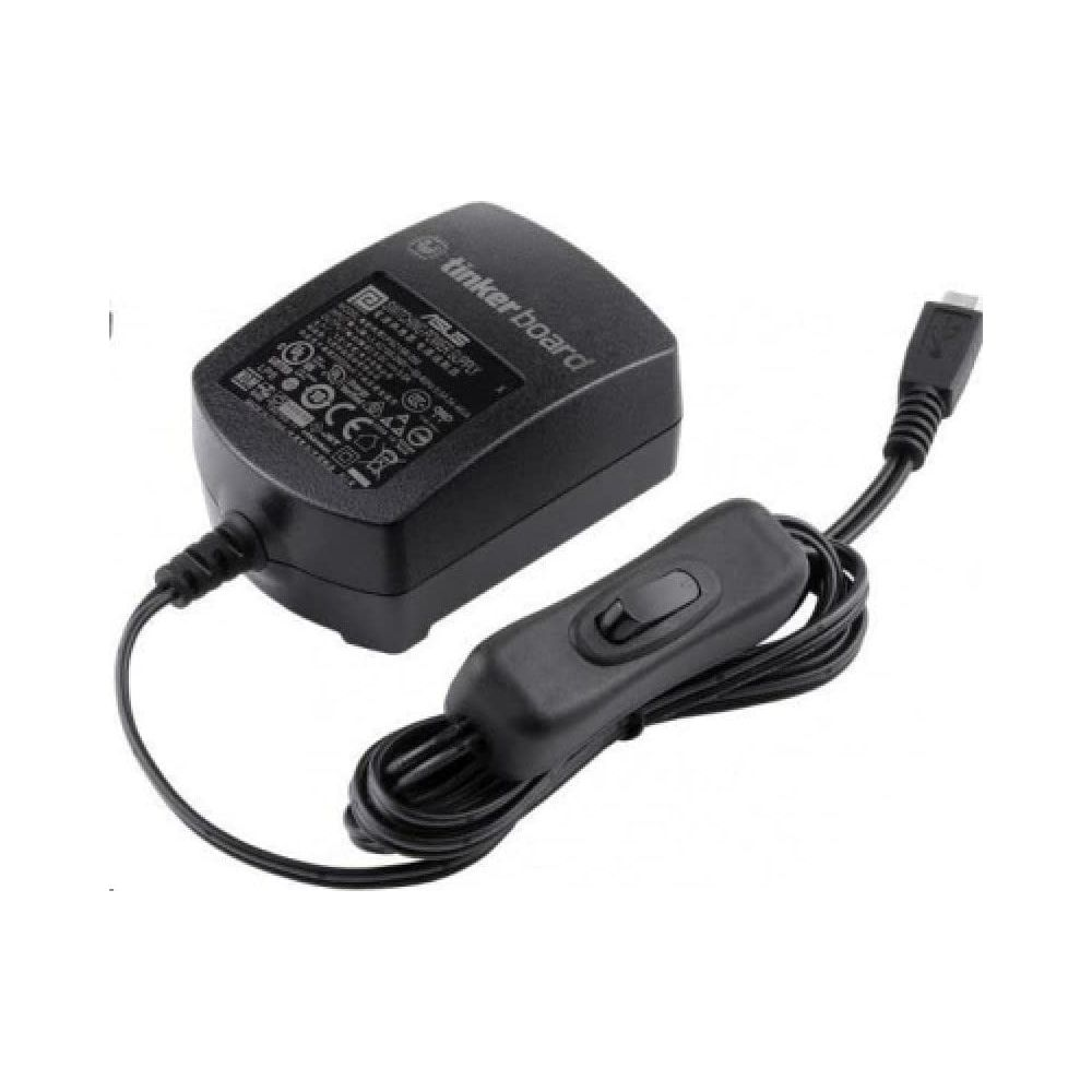 Adaptador de corriente negro Tinker Board con interruptor y cable USB.