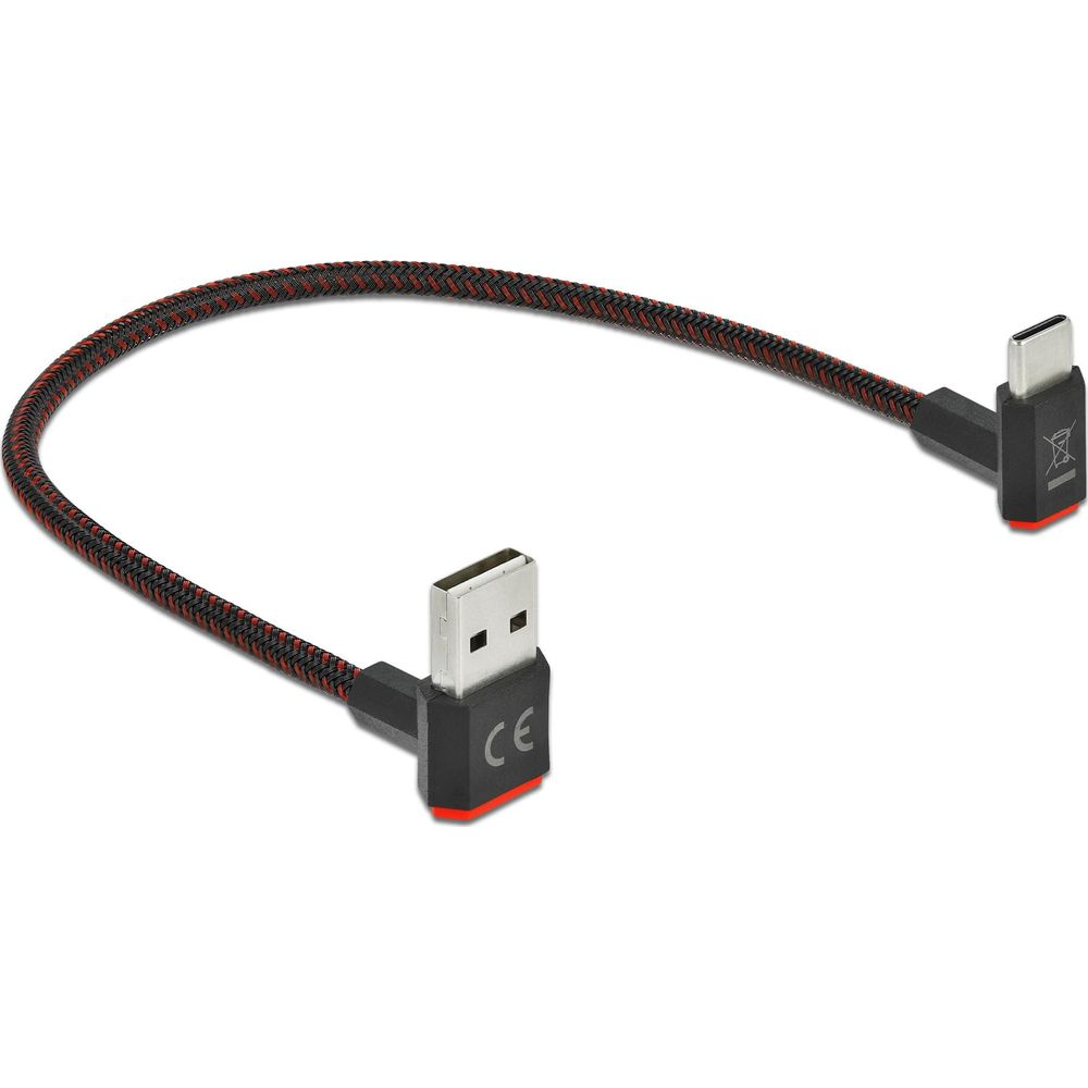Ein geflochtenes USB-A-zu-USB-C-Kabel mit 90-Grad-Winkeln.