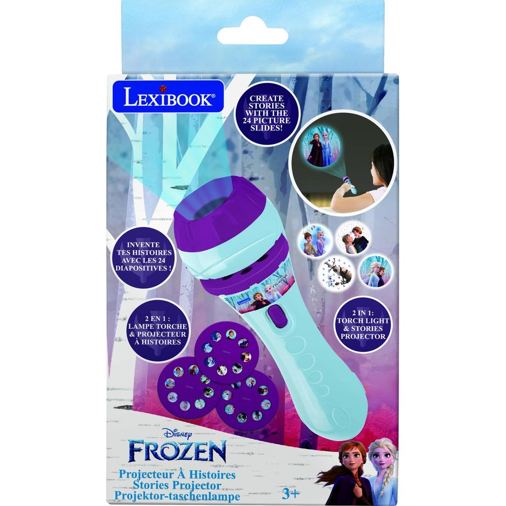 Proyector de cuentos Lexibook Frozen con 24 diapositivas, morado y azul.