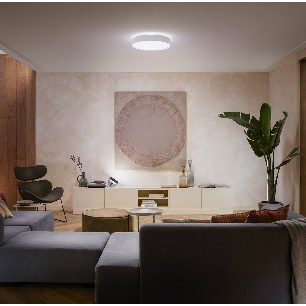 Nowoczesny salon z dużą sofą, dziełem sztuki, rośliną i lampą sufitową.