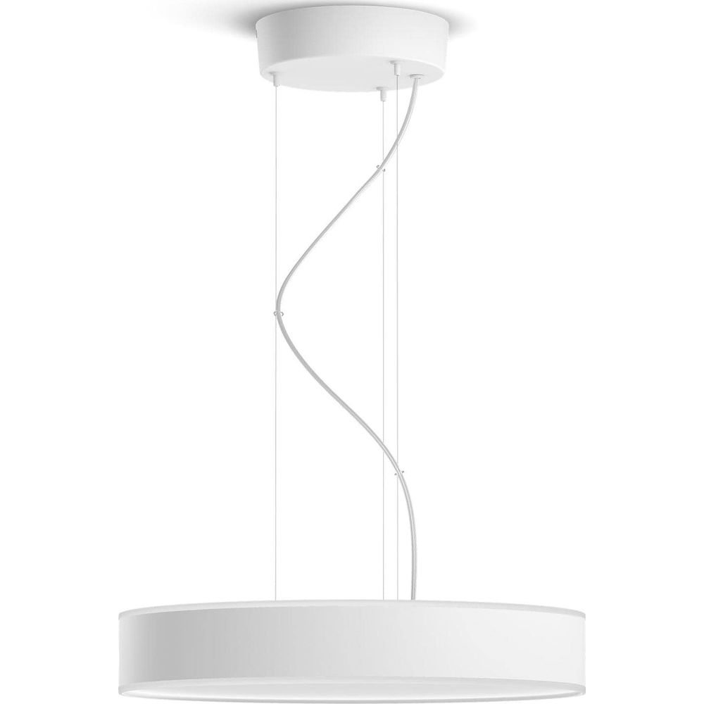 Biała lampa wisząca z okrągłym kloszem i zakrzywionym kablem.