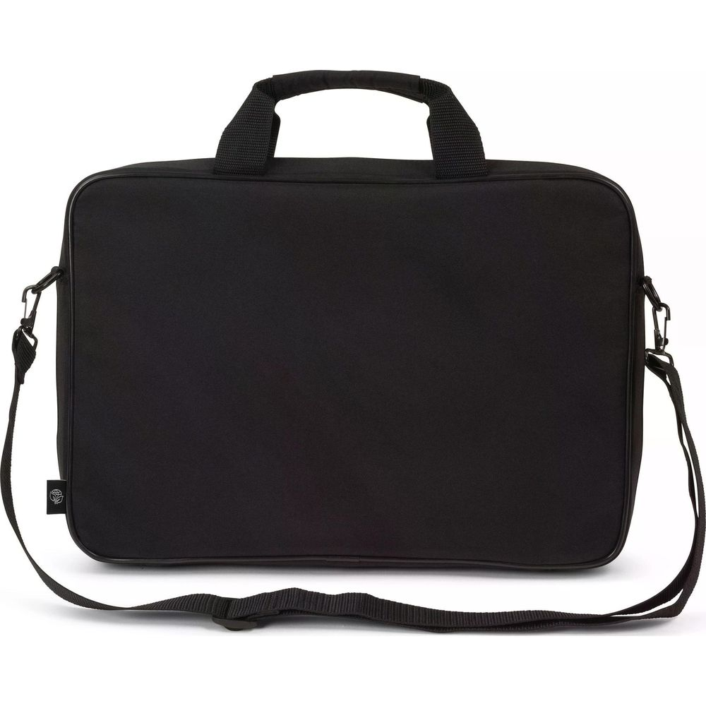 Borsa nera per laptop con manico e tracolla.