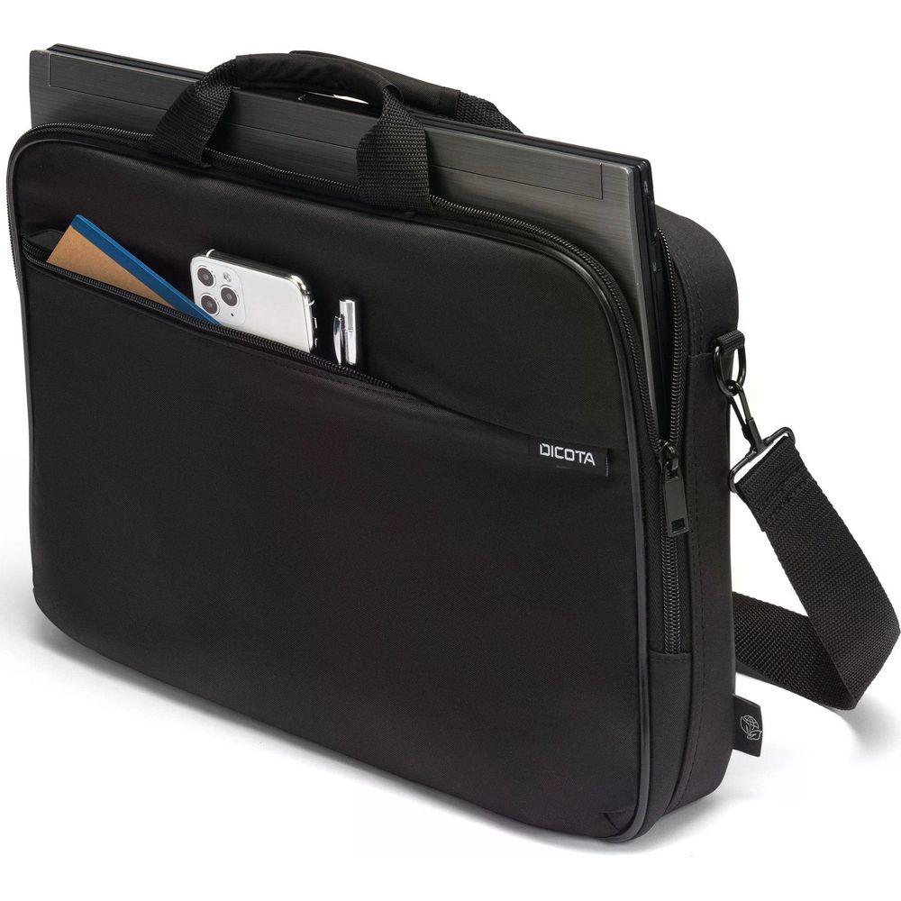 Borsa nera per laptop con tasca frontale contenente telefono, penna e taccuino.