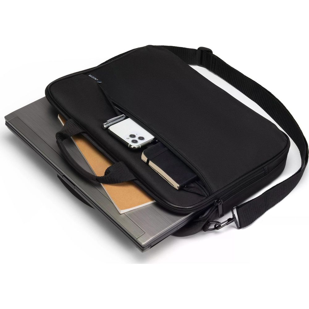 Borsa nera per laptop con laptop, telefono, taccuino e penna.