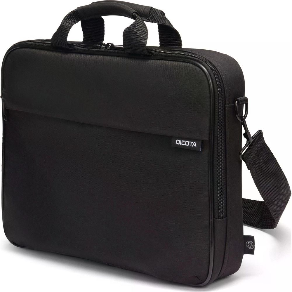Borsa nera per laptop con manici e tracolla, logo Dicota visibile.